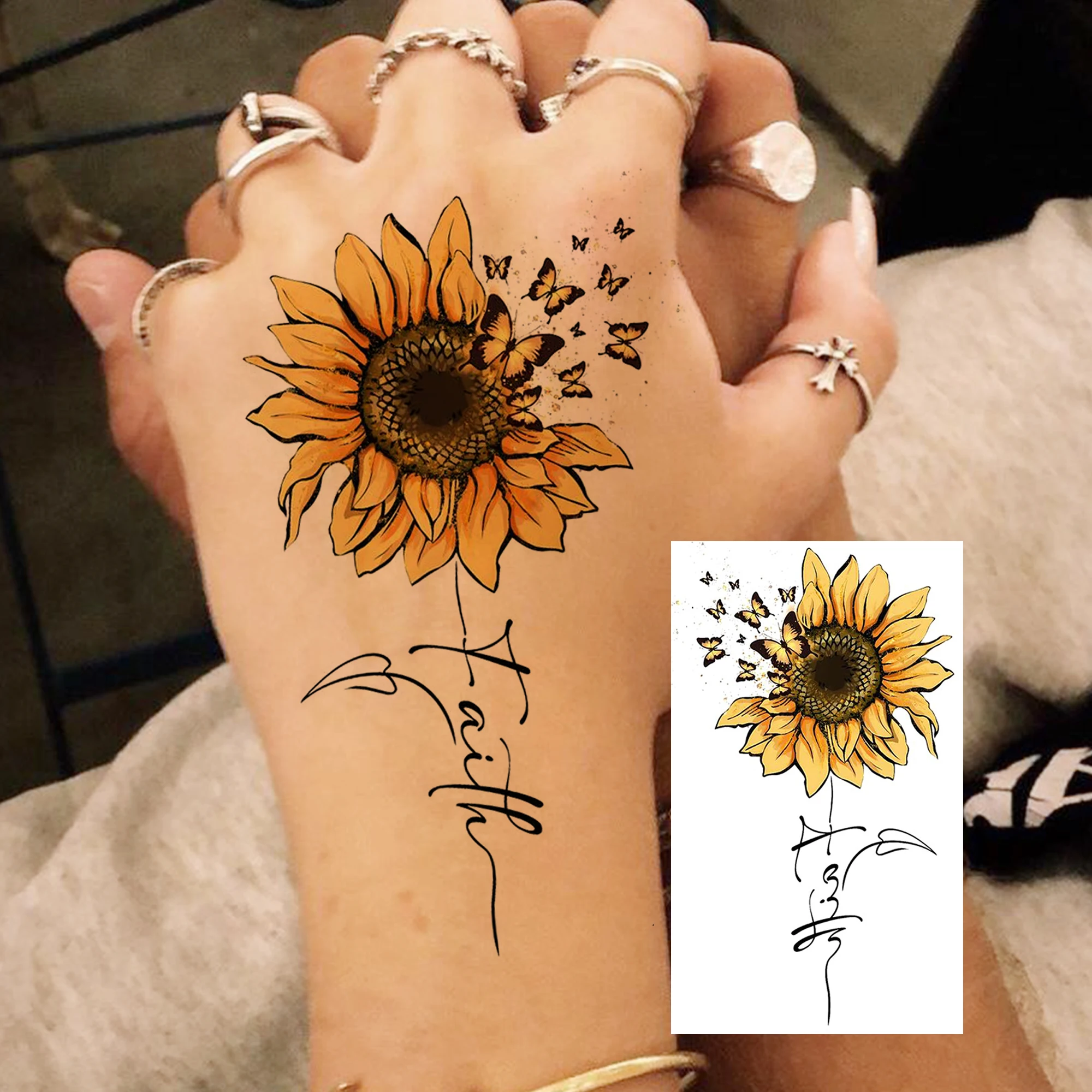 1 Sheet Peach Blossom Lotus Sunflower Rose Temporary Tattoos For Women Hands Arm, Fake Tattoo Sticker Realistic Tatoos Last Long
