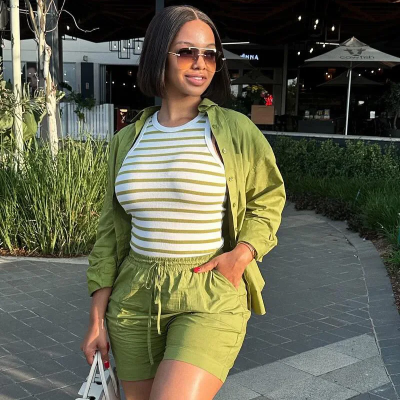 

Fashionable Button Long-sleeved Shirt + Shorts Two-piece Sets Women Summer Casual Loose Top Lace-up Shorts Suit For Women 2025