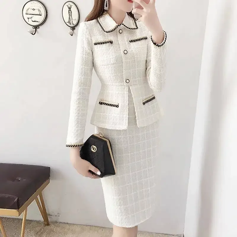 

Women Autumn Winter Polo Collar Woolen Coat Elegant Small Fragrant Style Bag Buttocks Skirt Chic Button Mid Length Skirt Set A20