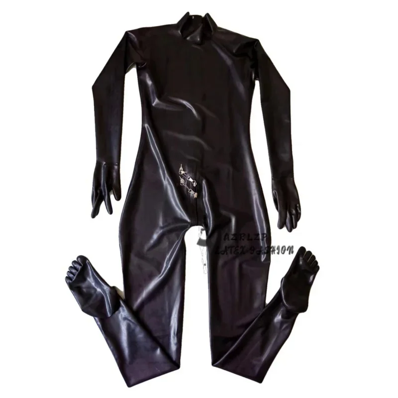 

Black Latex Lockable Zipper Gummi Catsuit Rubber Fetish Jumpsuit With Gloves And Toe Socks Bodysuit Costumes Handmade