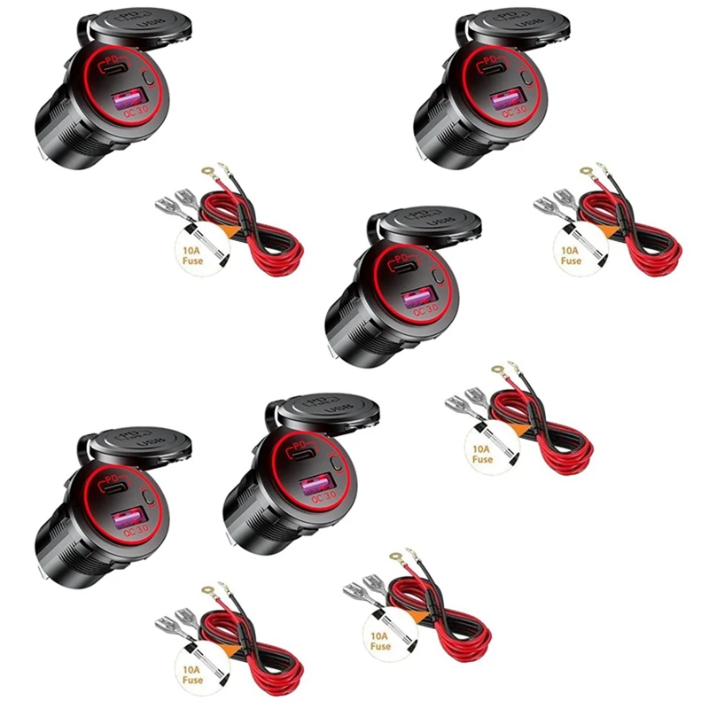 5X PD Type C USB Car Charger And QC 3.0 Quick Charger 12V Power Outlet Socket With ON/Off Switch For Motorcycle RV ATV