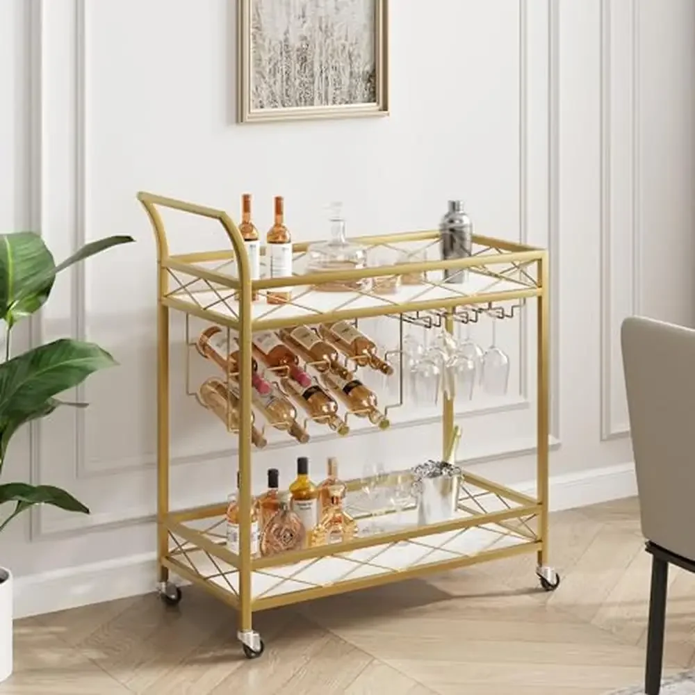 Gold 2 Tier Bar Cart with Wheels Wine Glass Bottle Rack Living Dining Room Kitchen Noble Appearance Push Handle Easy Assemble