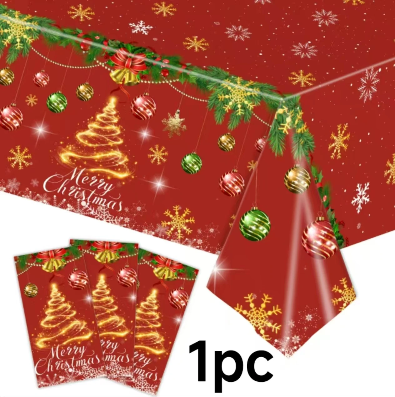 1Pc Merry Christmas Tablecloth 137*274cm Rectangle Table Cover, Golden Christmas Tree Snowflake Balloon Pattern, Xmas Holiday Ta
