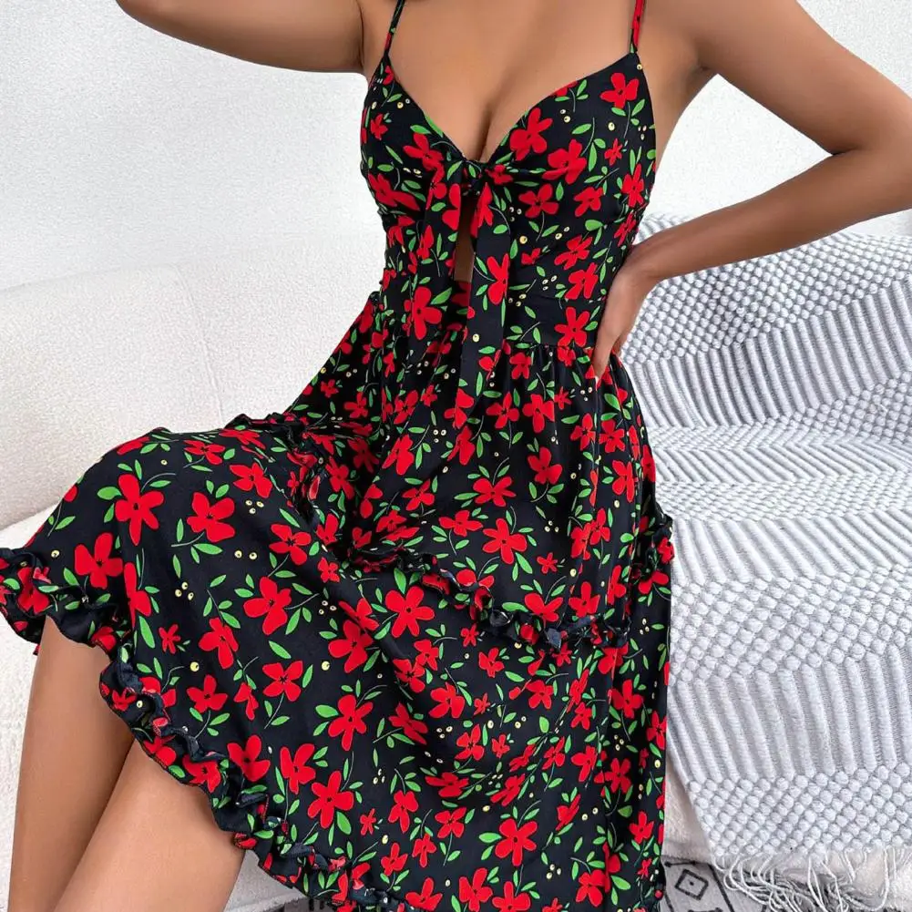 Stylish Beach Dress  Bowknot Decor Sweat Absorbing Summer Dress  Women Floral Leaves Print Sling Dress