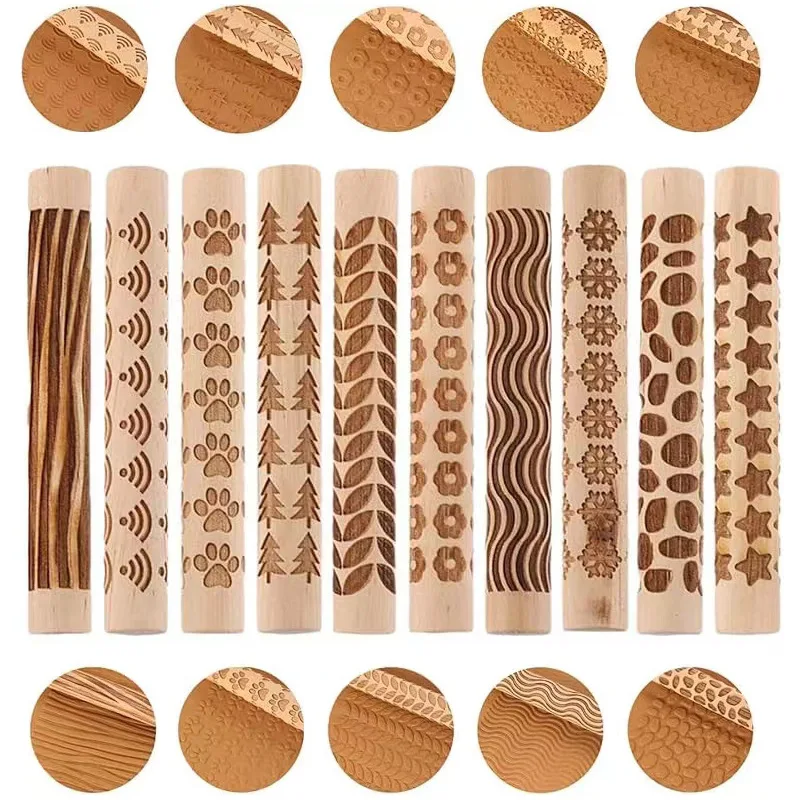 10Pcs DIY Wooden Embossing Rolling Pin Set, Carved Texture Roller for Clay Craft, Baking Dough & Fondant Decorating, Pottery Too