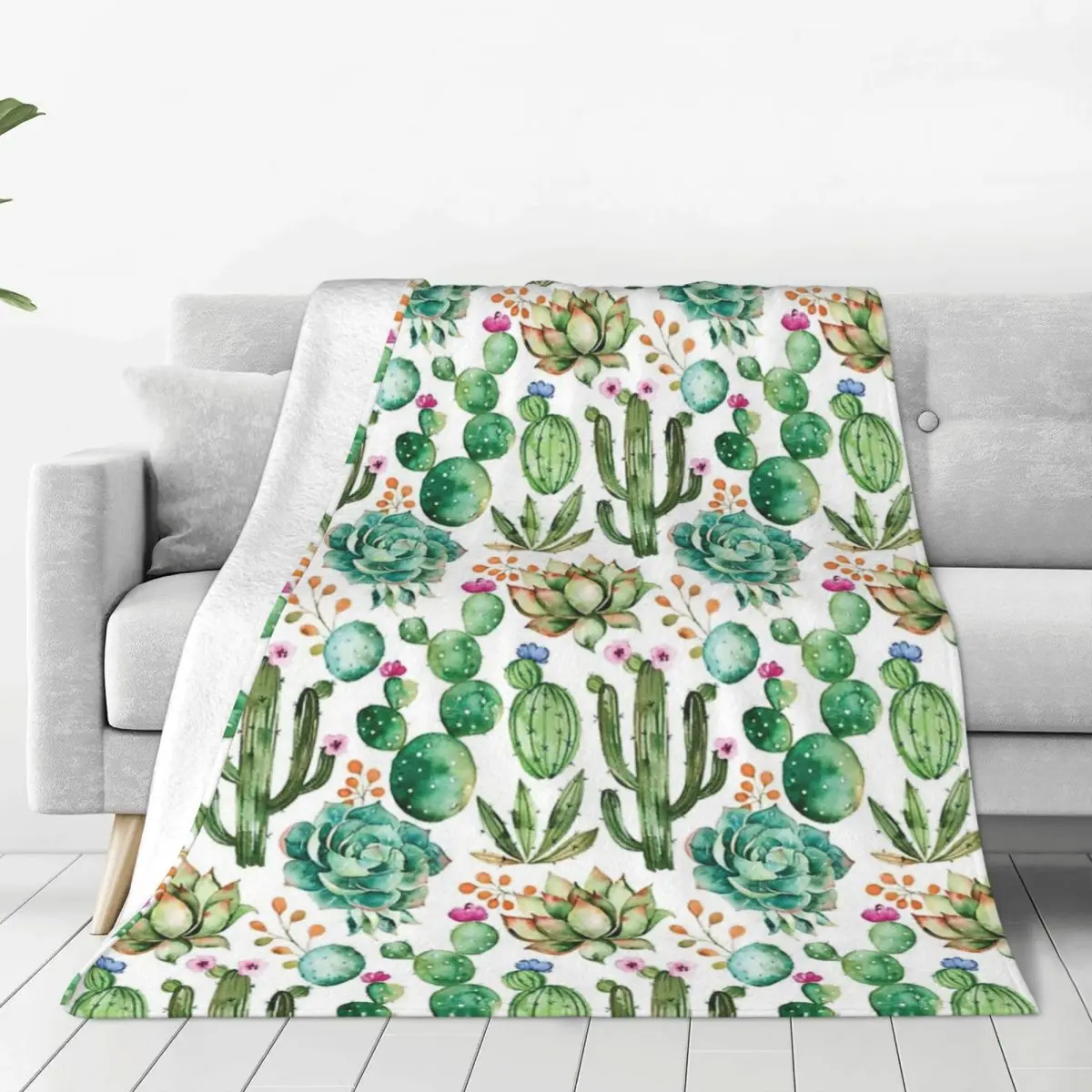 Watercolor Cactus Pattern Blankets Flannel Portable Sofa Throw Blankets For Couch Bedding Travel Throws Bedspread Quilt