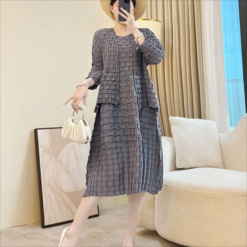 مياكي مطوي المرأة سترة علوية سترة طويلة الأكمام جديد بسط فستان أنيق 2 قطع كبيرة الحجم مزاجه أضعاف تنورة طويلة