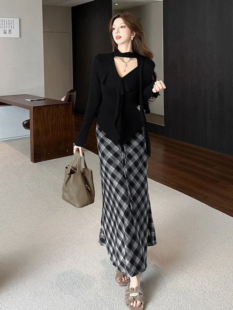 우아한 캐주얼 투피스 여성복 달콤한 니트 탑 티셔츠 롱 스커트 세트 여성 데일리룩 스트릿 데이트 의류 봄