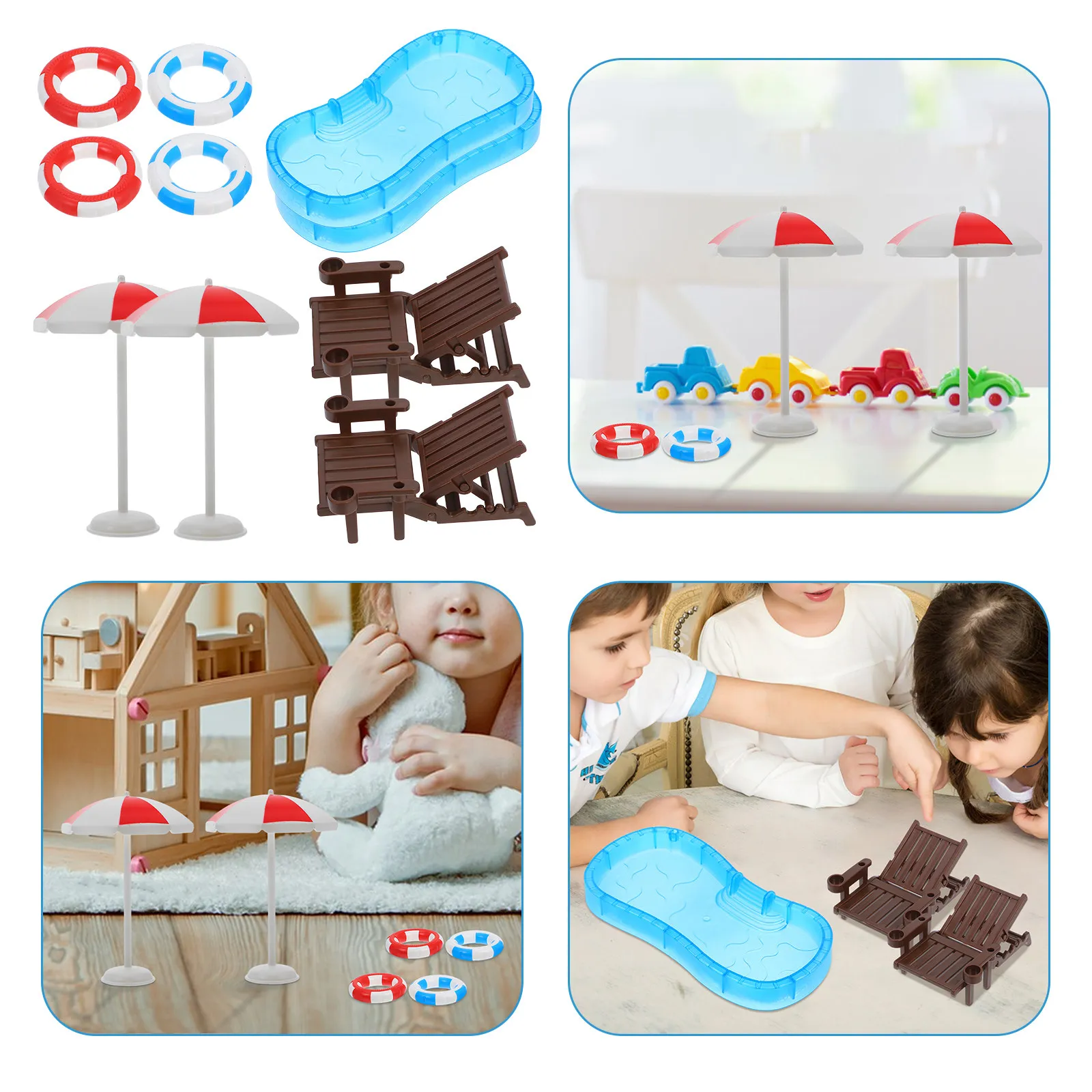 

2 комплекта миниатюрных аксессуаров для микроландшафта: мини-бассейн, мини-домик, летняя сцена, мини-мебель, пляжный шезлонг, надувной круг для миниатюрных моделей