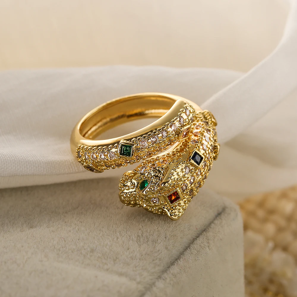 Women's Gold Color Zircon Leopard Open Ring, Statement Piece