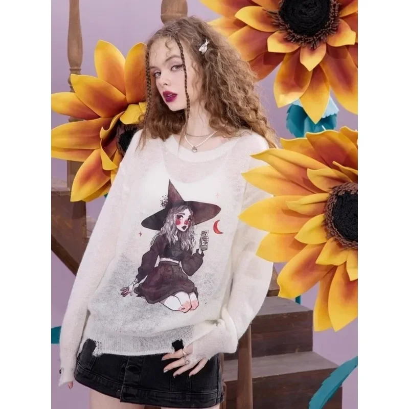 Tops estampados estilo Y2k para chica, prendas de punto sexis de manga larga con huecos, temporada primavera y otoño 2024, Biouses Kawaii para mujer