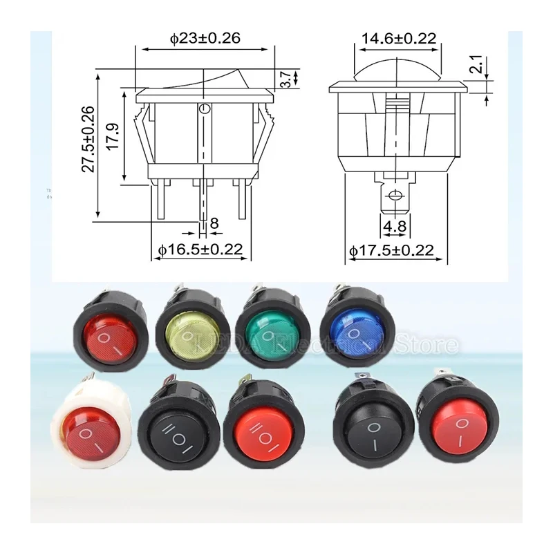 5Pcs KCD1-105 19mm Diameter Small Round Boat Rocker Switches Black White Red Yellow Mini Round 2Pin 3Pin ON-OFF-ON Rocker Switch