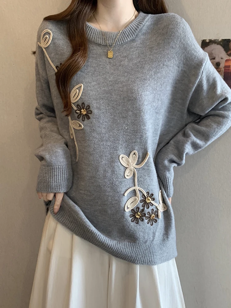 

Casual Sle Long Sve Knitted Top Women's Autumn Winter Loose Fit Slimming Base Layer irt Casual Floral Embroidery