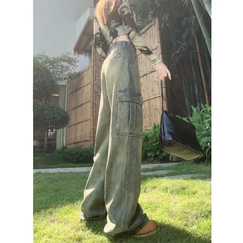 

Blue Jeans Women Y2K Hip Hop Fashion Vintage High Waisted Cargo Jeans Streetwear Casual Loose Pockets Girl Wide Leg Denim Pants
