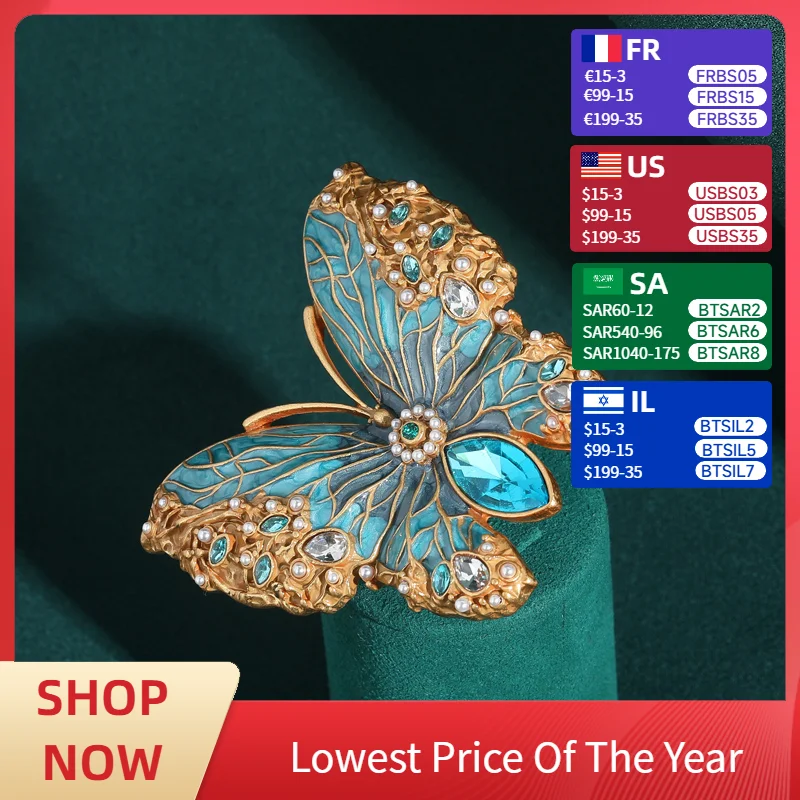

Romantic Vintage Jewelry Emerald Butterfly Rings for Woman Gold Color Black Crystal Colorful Enamel Luxury Party Accessories