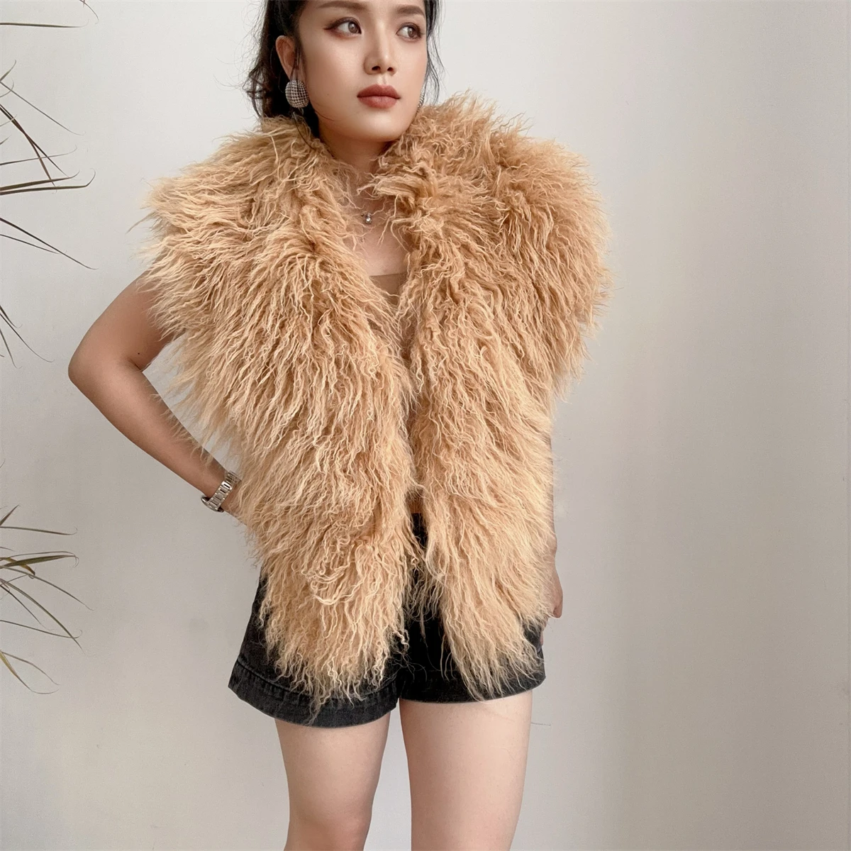 Streetwear Real Mongolian Sheepskin Fur Vest Women Real Sheep Fur Halter Top vest