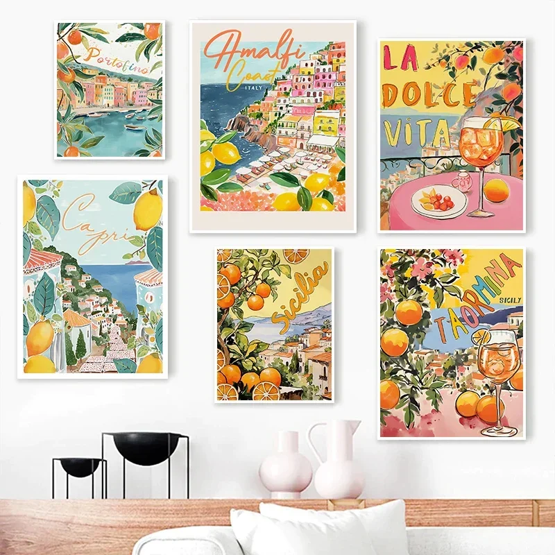 Retro La Dolce Vita Lemon Poster Spritz Canvas Painting and Prints Santorini Italy Travel Wall Art for Room Home Decor Framel