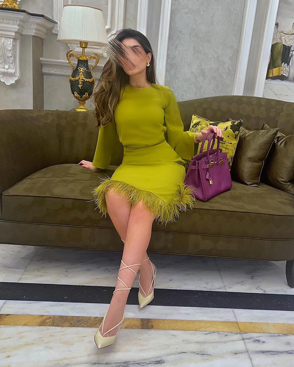 Customized Long Sleeve Charming Prom Dress Tea-Length Round Neck Feathers Party Dresses Sexy Sheath Solid Color فساتين السهرة 20