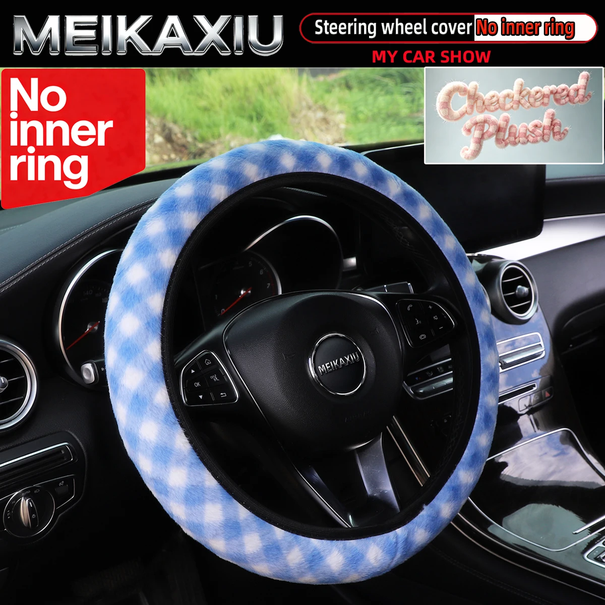 Artificial Rabbit Fur Checkered Steering Wheel Cover Car Outer Rim 14.5-15 Inches Decorative Accessory for Women