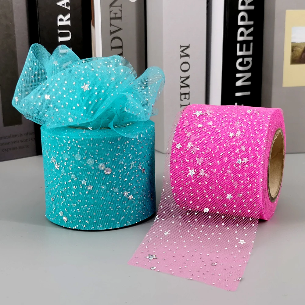 6cm 25yards Tulle Rolls Silver Star Moon Organza Ribbon Film Night Sky Mesh Tape for Hairbows Fairy Doll Skirts DIY Materials