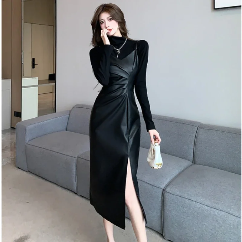 

Women Dress Sets Half-high Collar Long-sleeved T-shirts + Pu Leather Solid Color Slit Slimming Halter Dress Female Two-piece Set