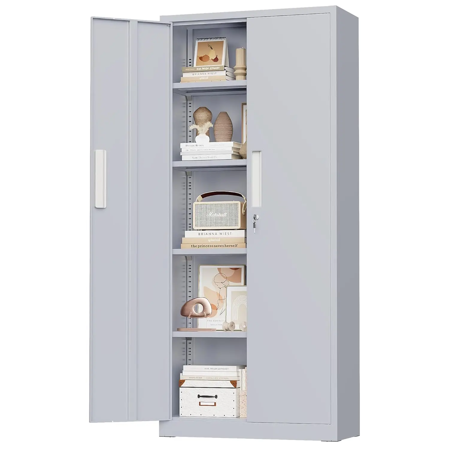 

63-дюймовый металлический шкаф для хранения, запираемый, для гаража, офиса, регулируемые полки, для домашней кладовой, цементно-серый, по индивидуальному заказу