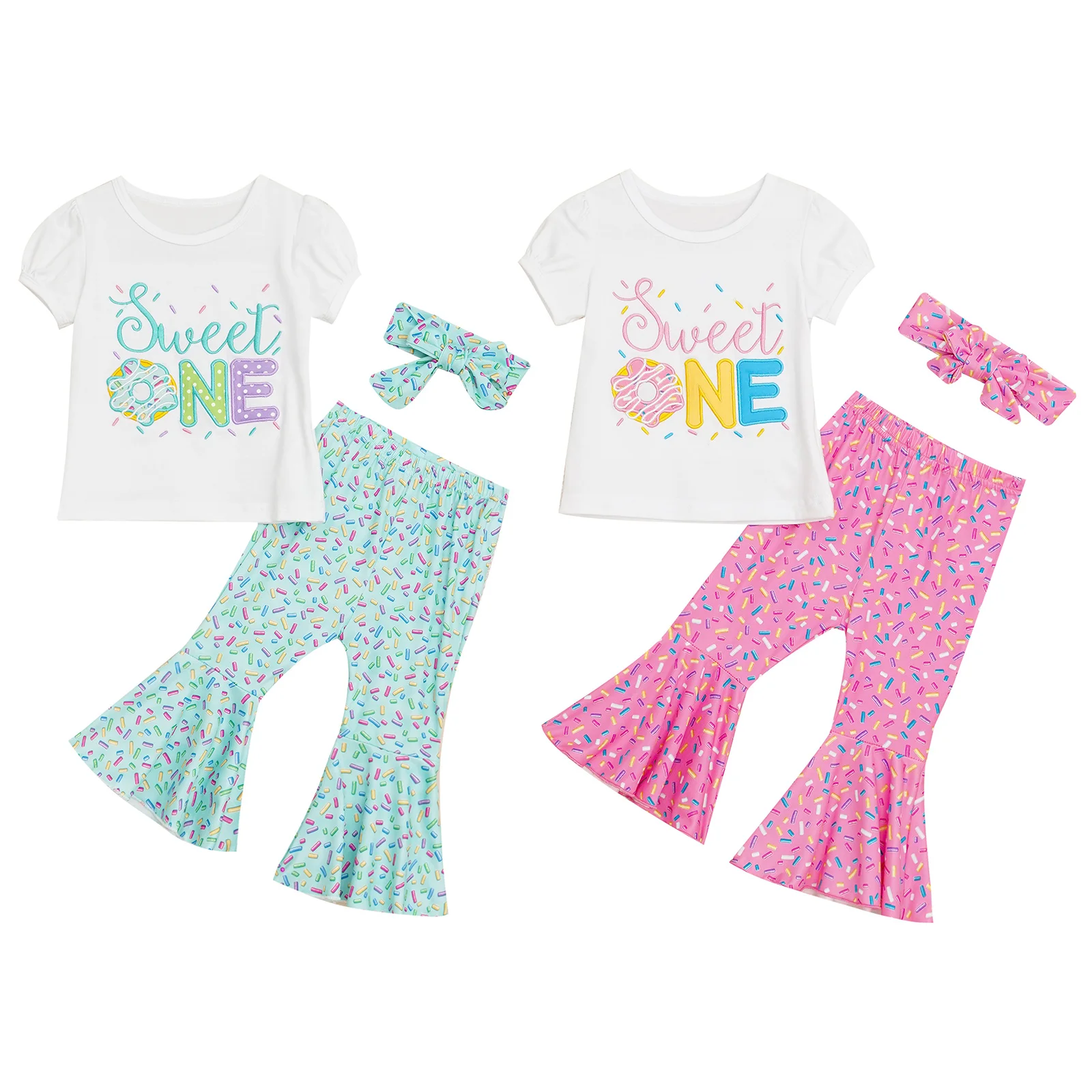 

Infant Baby Girls 1st Birthday Party Outfit Short Sleeve Print T-Shirt Tops with Bell Bottom Pants Headband Kids Summer Clothes