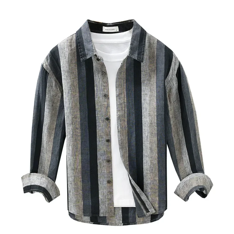 Spring Summer Men\'s Linen Long Sleeve Striped Shirt Japanese Casual Cotton Linen Shirt Men\'s Clothes