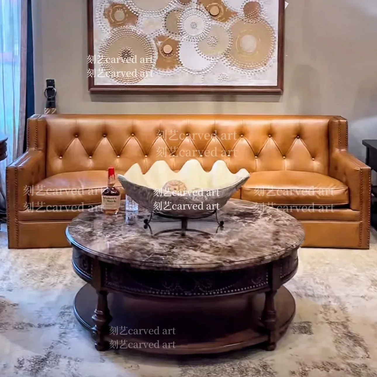 A American oak whiskey round marble coffee table solid wood carving rivet coffee table