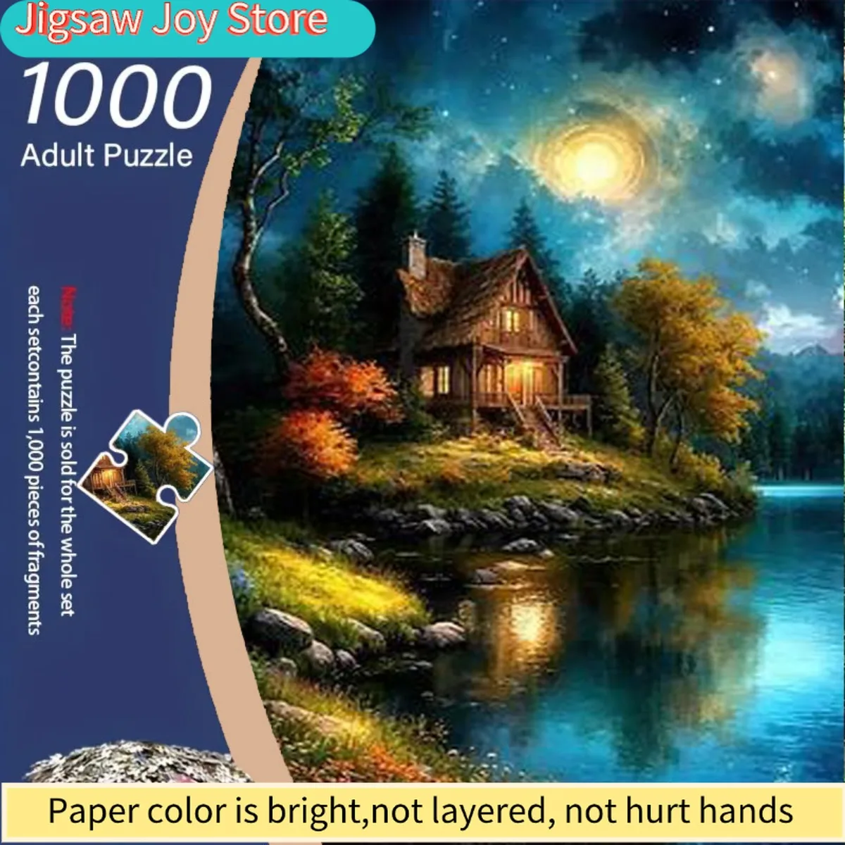 

Пазл из 1000 деталей для взрослых с изображением ярких деревьев и огней, отраженных на воде у домика под звездным небом.