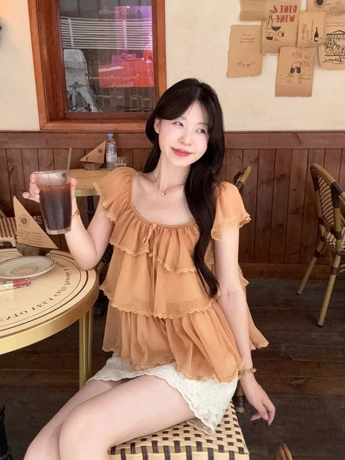 

Sweet Lace Trimmed Big Size Shirt Summer New Style Slimming Design Korean Version Commute Style Short Sleeve Blouse for Ladies