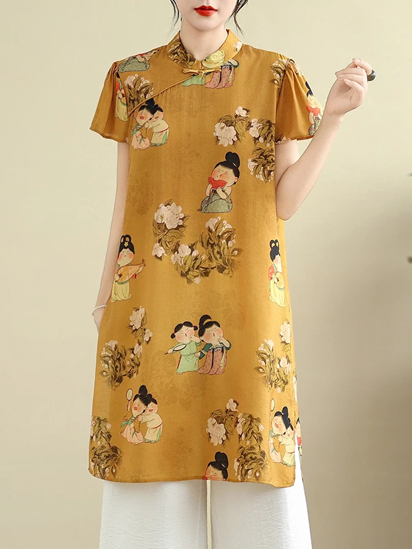 

Новая китайская женская блузка с цветочным принтом, большого размера, с косыми пуговицами, воротником-стойкой, коротким рукавом, длиной миди.