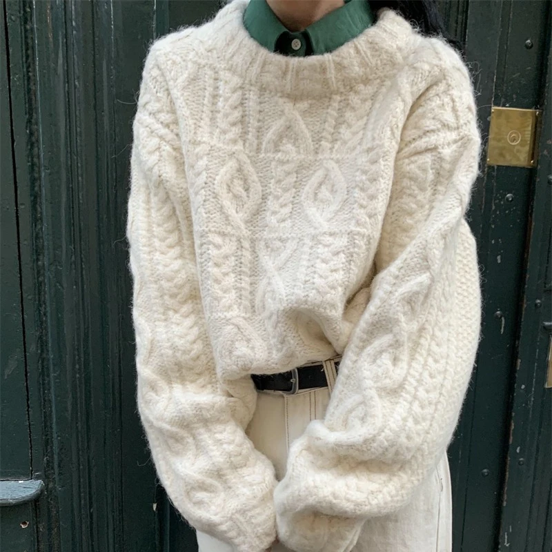 ルーズソリッドカラーアウターニットプルオーバー韓国スタイル秋冬女性セーターカジュアル O ネック長袖快適なトップ