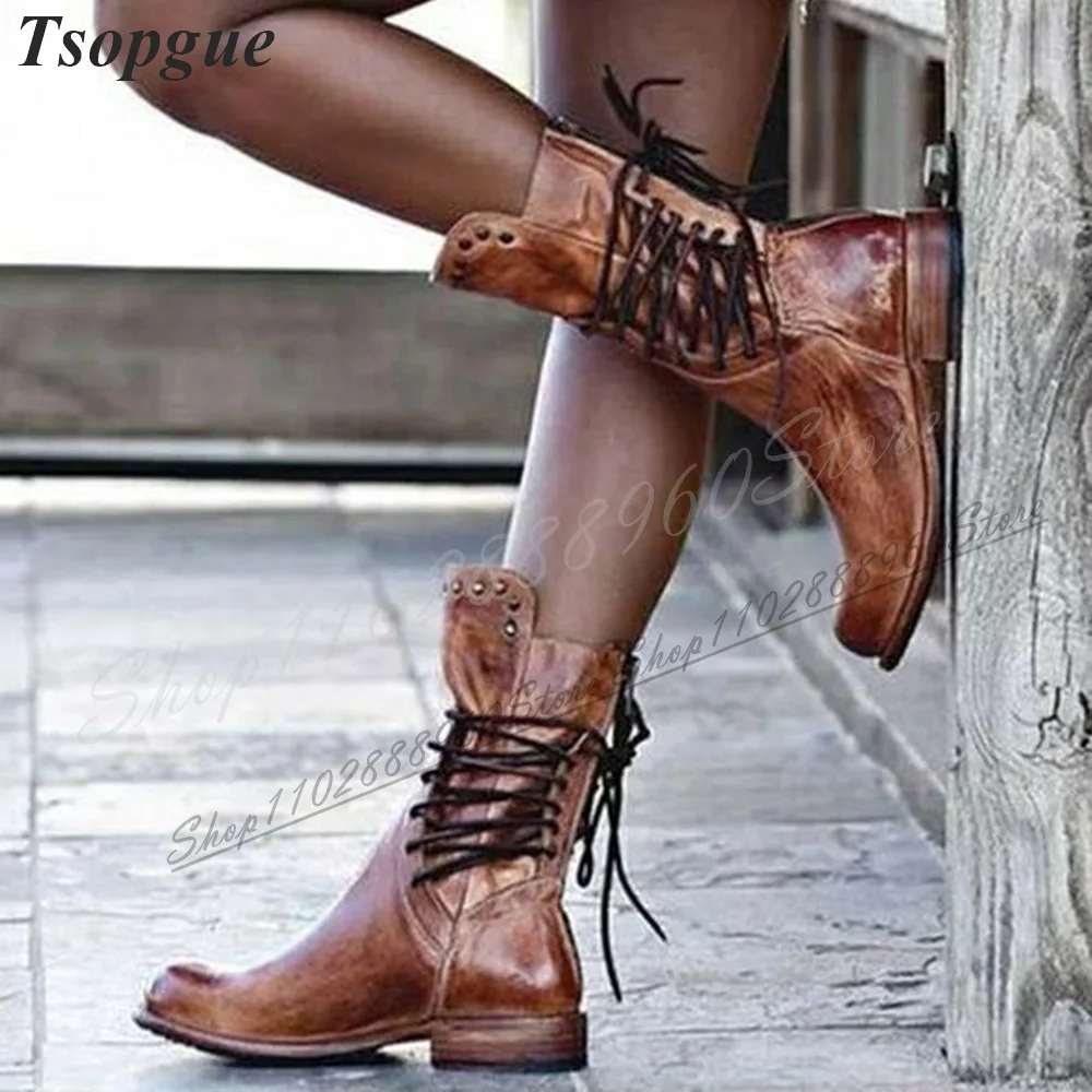 

Retro Style Mid Calf Brown Cross Tied Boots Flat With Shoes For Women Back Zipper Round Toe 2024 Fashion Zapatos Para Mujere