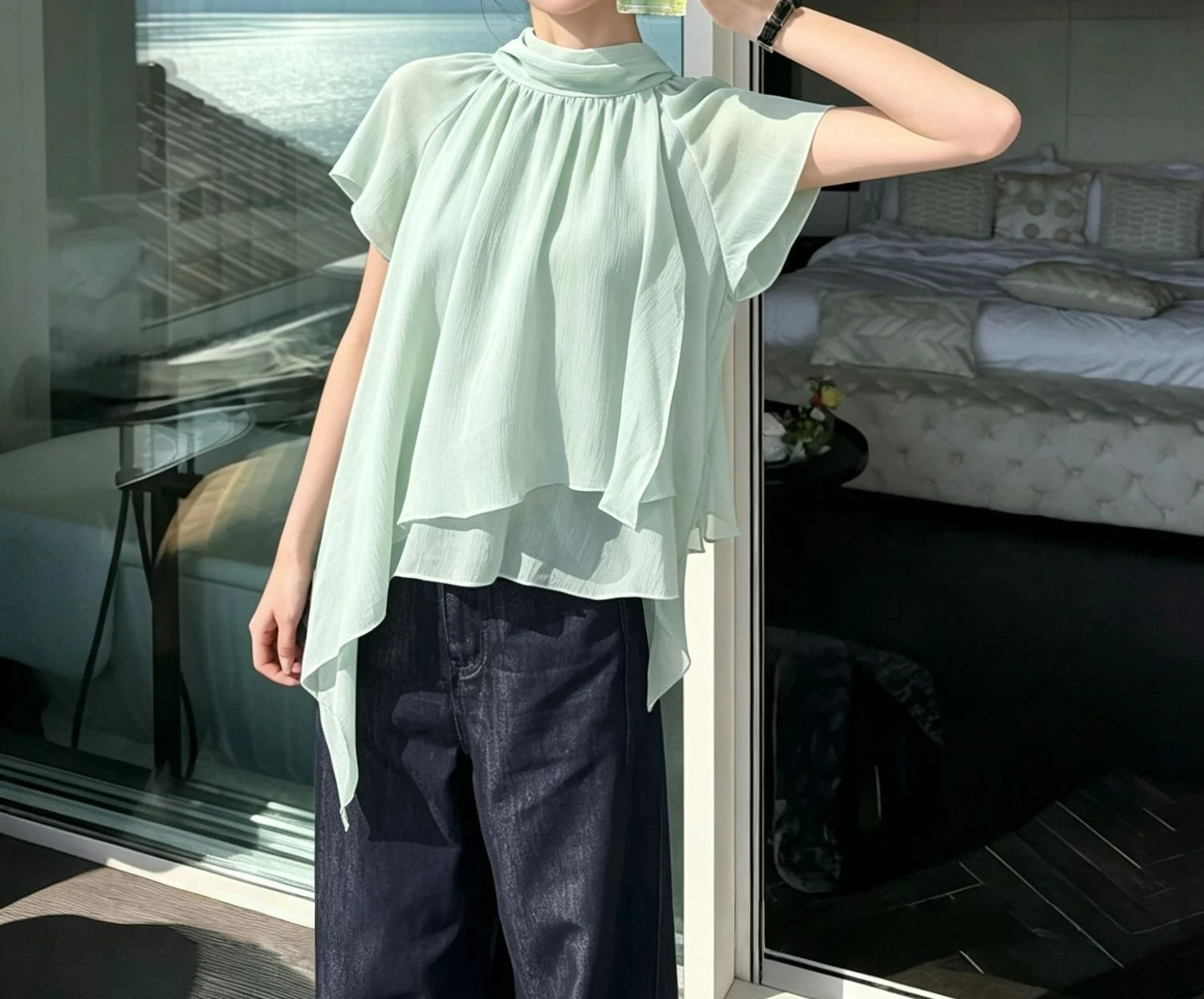 Irregular Design Streamer Short-sleeved Chiffon Shirt Women's Summer New Slightly Transparent Loose and Thin Temperament Top