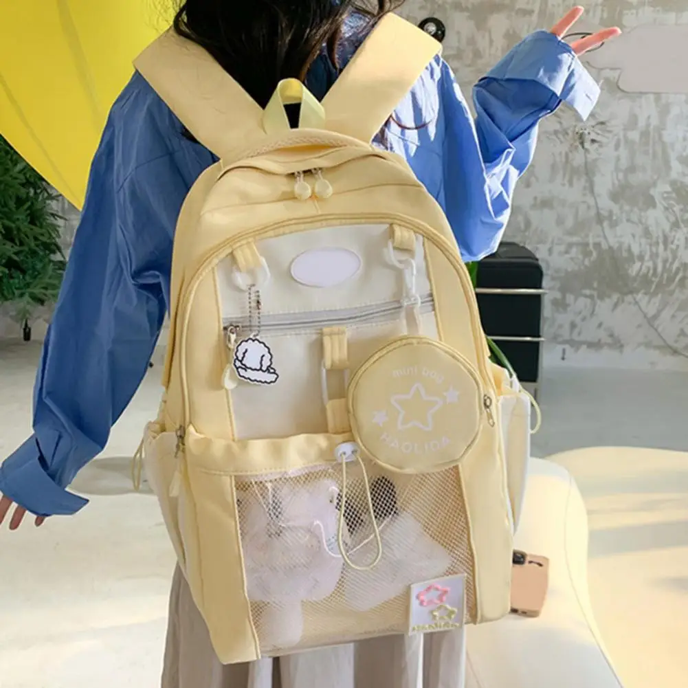 Multi-pocket School Bag Girls Laptop Backpack with Transparent Front Pocket Waterproof Capacity School Bag Comfortable Padded