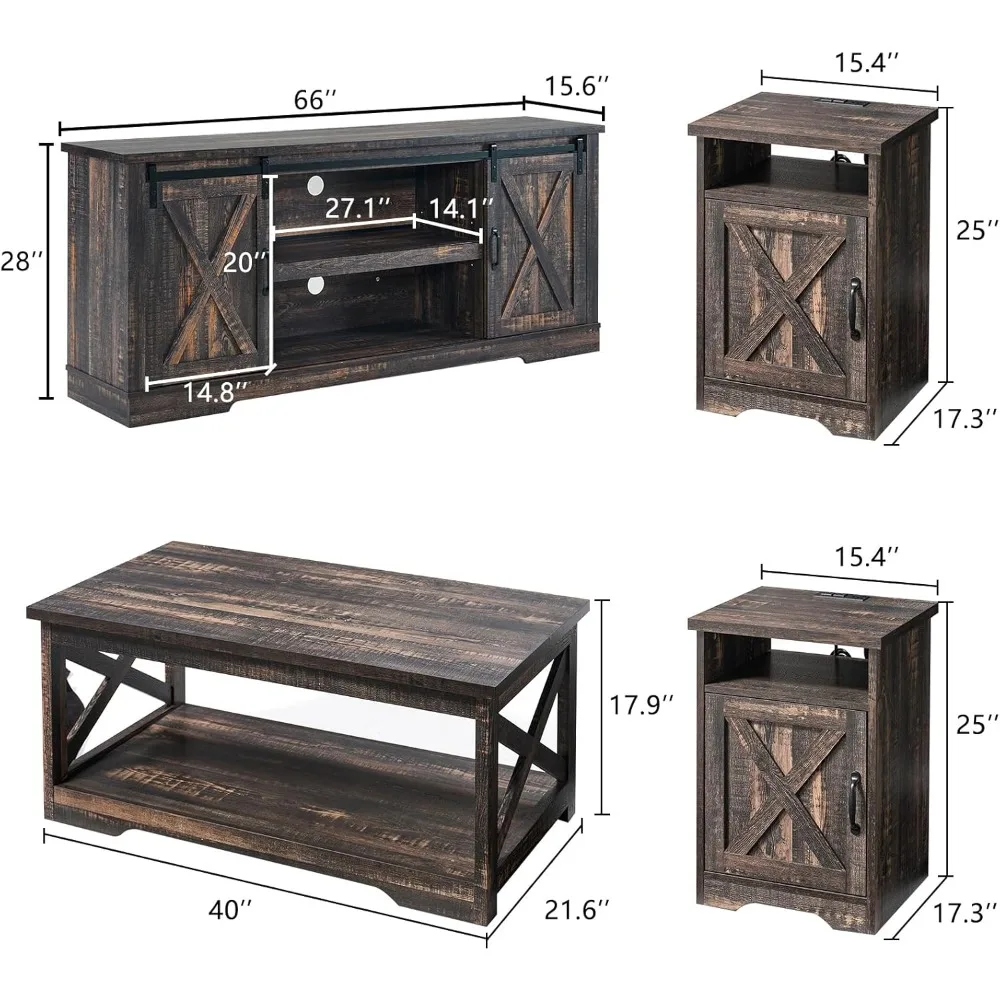 Farmhouse Style 4-Piece Furniture Set: Sliding Barn Door TV Console, Coffee Table, and Two End Tables with Charging Station