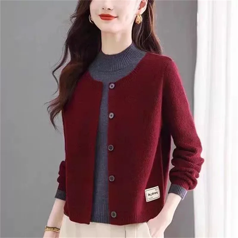 

Half-high Collar Pullover Sweater Women Spring Autumn Fashion Color Matching Fake Two Short Knitted Sweater Jacket Female Tops