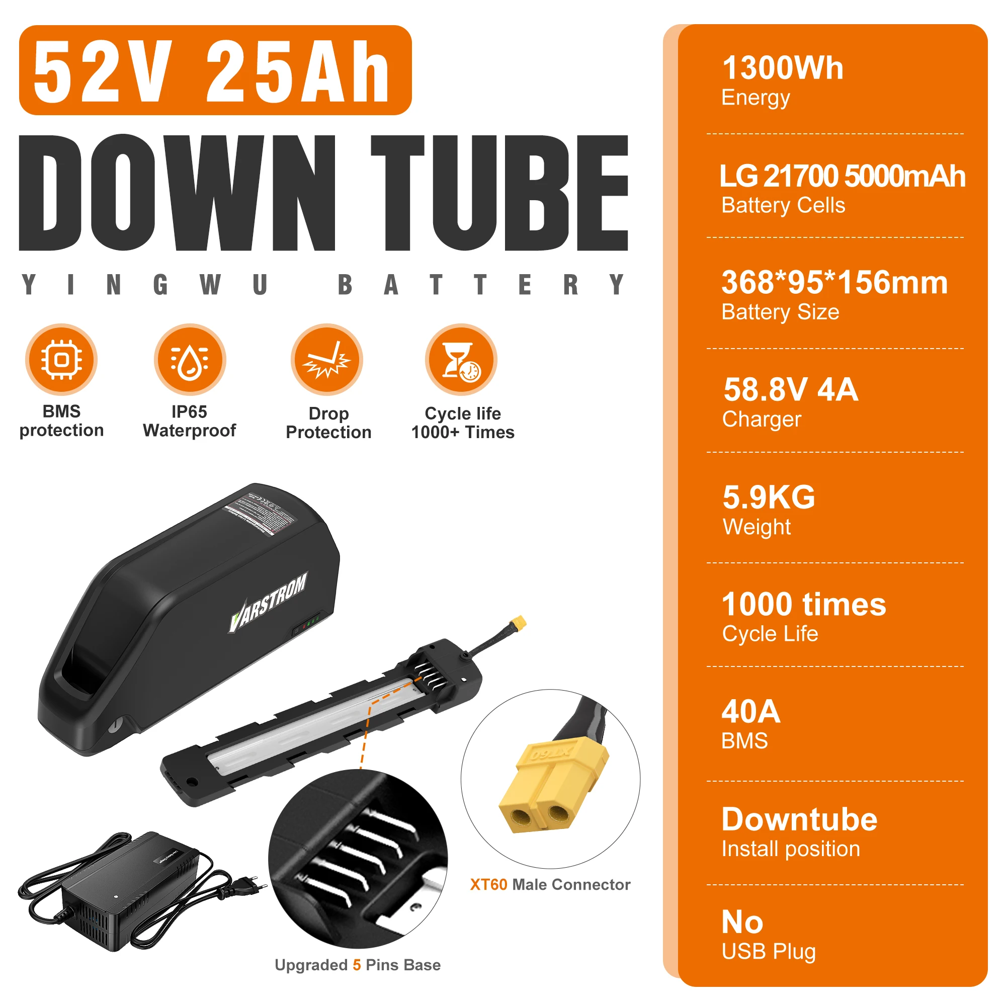 Varstrom 48V 30AH 52V 36V 20AH E-bike accu Hailong Max 40A 50A BMS 500W 750W 1000W 1500W Elektrische Scooter 21700 Lithium-cel