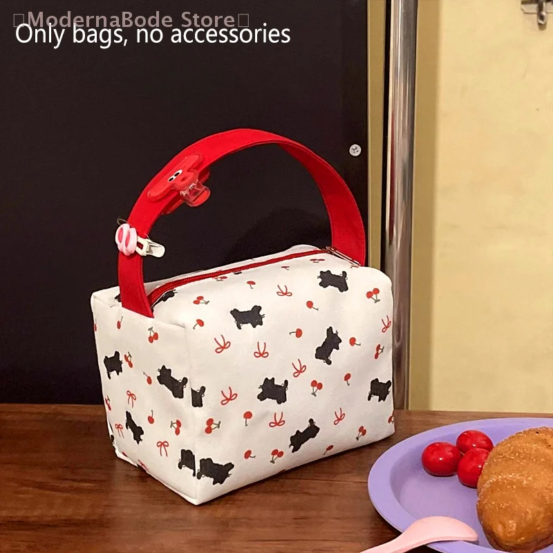 Fashion Makeup Bag Gift Cute Black Cat Cherry Bow Print High Capacity Travel Portable Sundries Storage Bag Handheld Cosmetic Bag