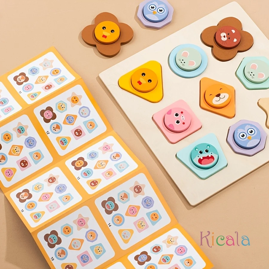 18ピース 大型動物＆形合わせボード 木製カラー 形状学習、教育パズル ギフトに最適 認知玩具