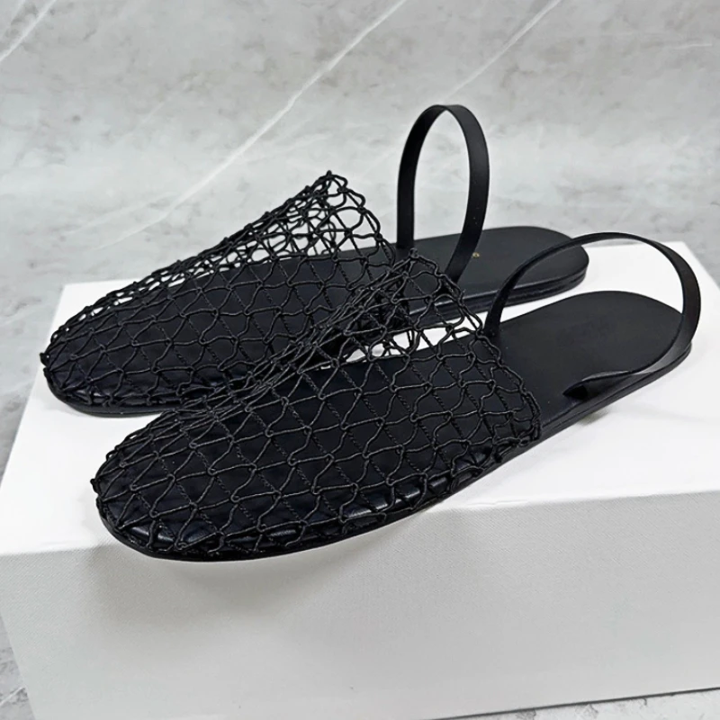 Flat Fishing Net Sandals Female Breathable Branded Designer Sandals Women Woven Roman Sandals Skeleton Mesh Mule Slippers Women