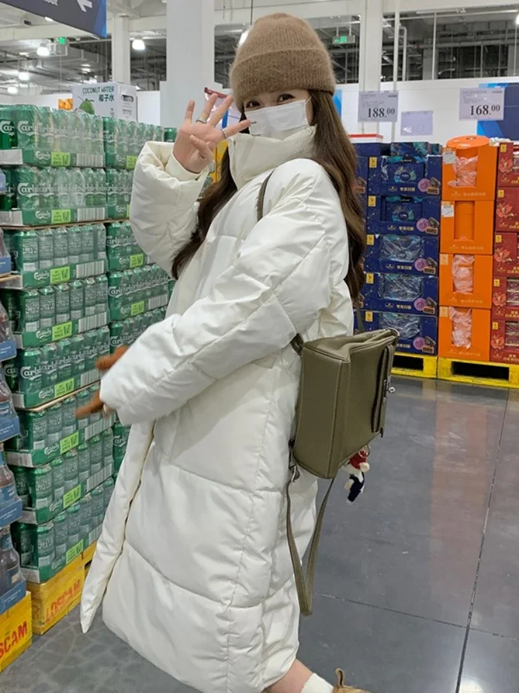 

Korean-style Thicken Warm Over-the-knee Jacket Women Casual Long Coat Long Sleeve Loose Parkas Winter Button Pocket Office Coat