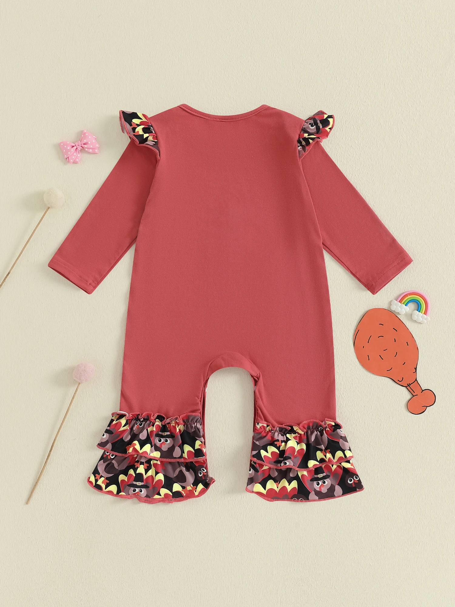 

Комбинезон для маленьких девочек на День Благодарения с рюшами на рукавах и индейкой. Очаровательный комбинезон для новорожденных на праздничный сезон.