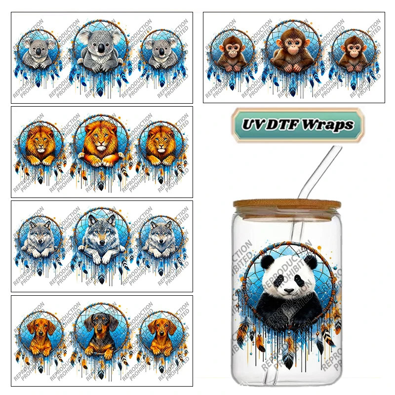 Waterproof Anti-Scratch UV DTF Cup Wraps Blue Drip Dream Catcher Wild Animals Cold Transfer Stickers For 16oz Libbey Glass Cup