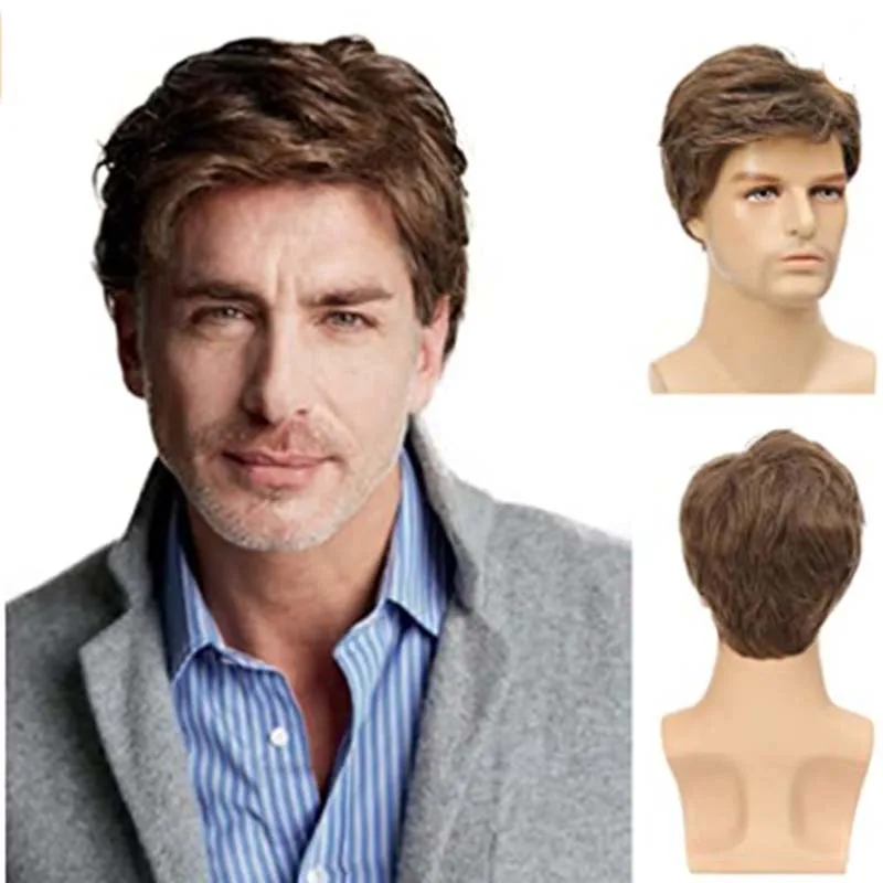 Men's Wigs Short Brown Synthetic Wig with Bangs Curly Fake Hair For Male Halloween Costume  Cosplay Natural Wig