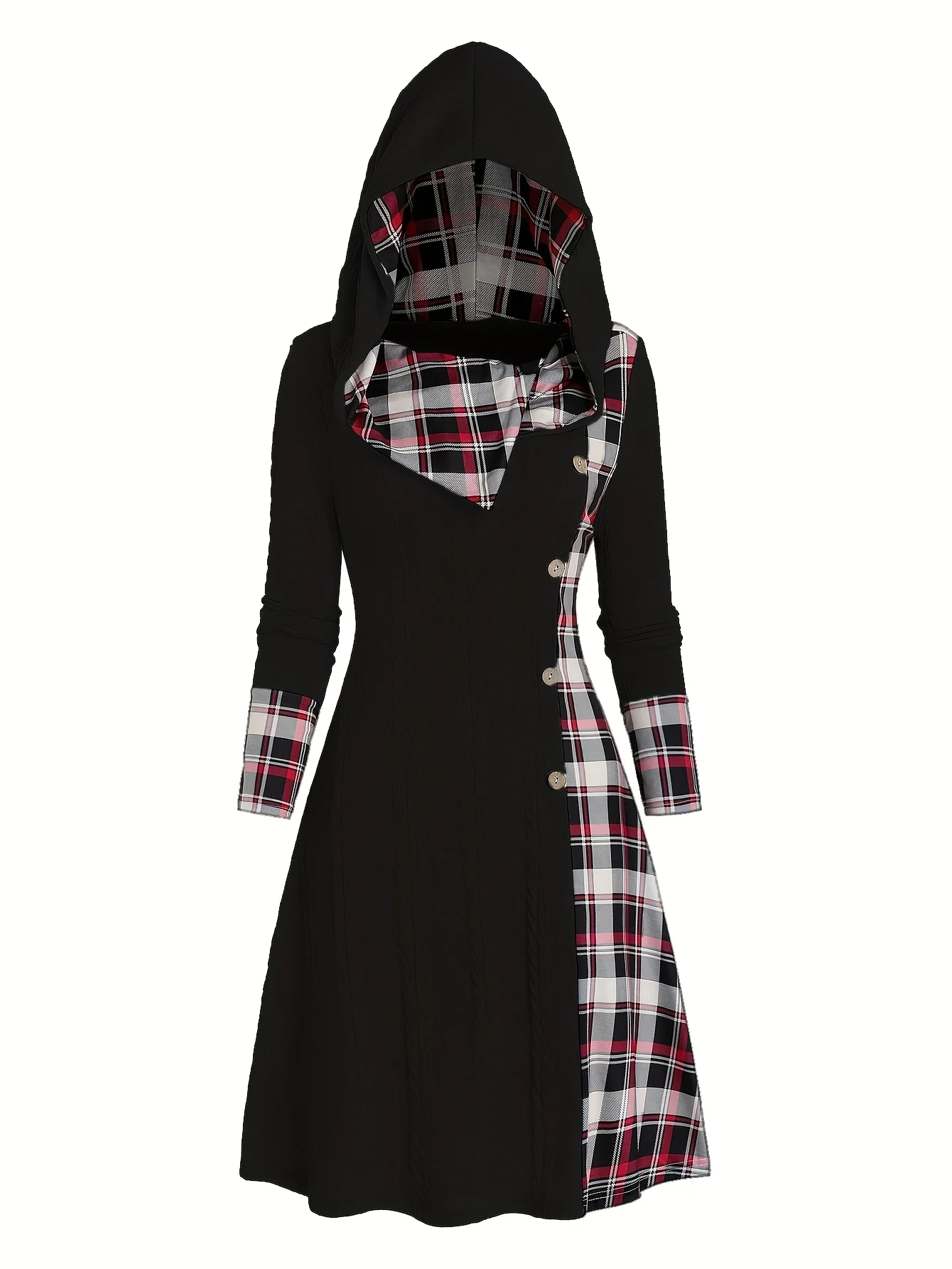 Damen-Kleid mit Karomuster, Kapuze, hoher Taille, A-Linie, lange Ärmel, aus Strick, mit dekorativer Schnallendetail. – Detail 9