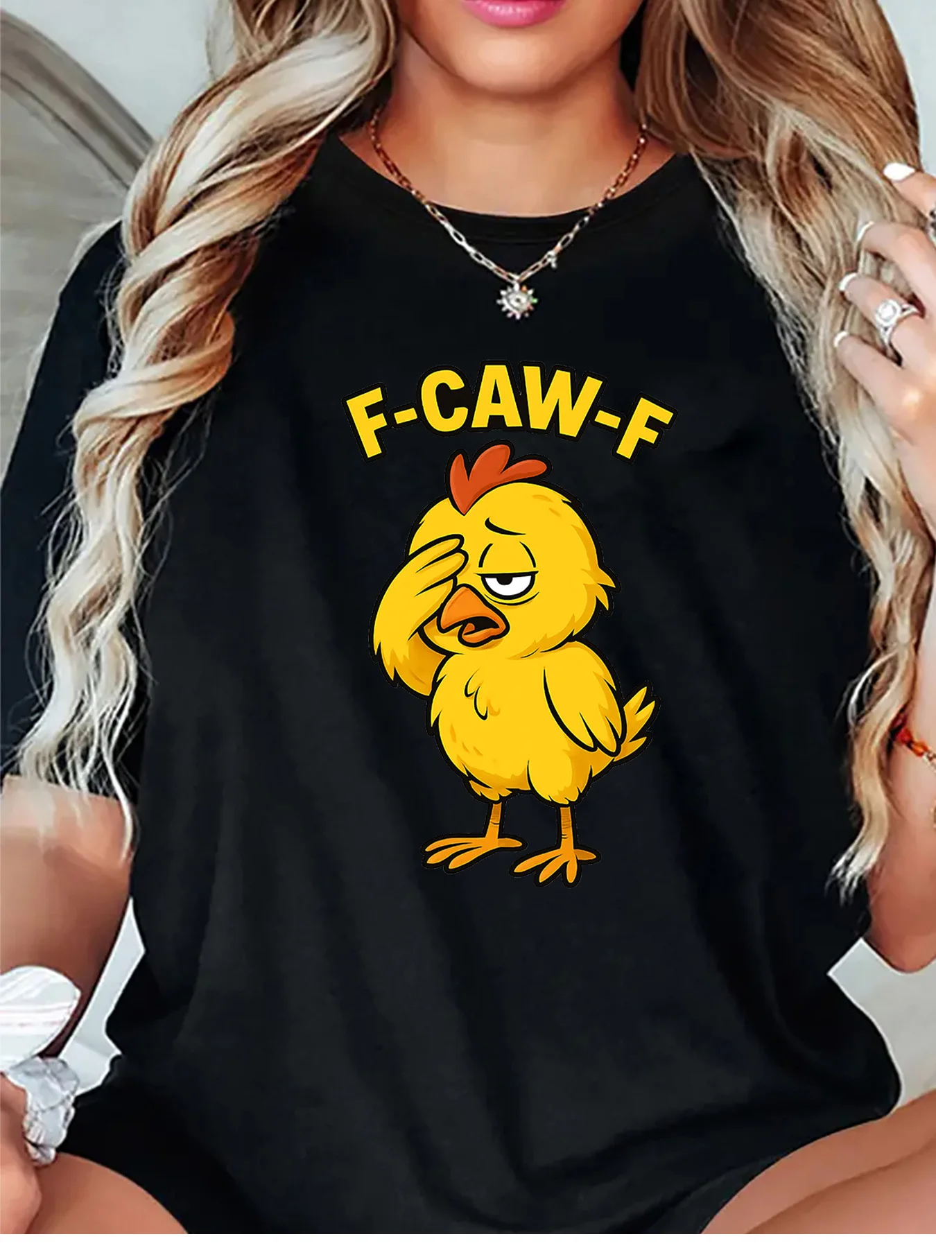 Funny F Caw F Face Palm Yellow Chick Cartoon Art Print Graphic Womens T Shirt Short Sleeve Crew Neck Casual Ladies Tee Tops
