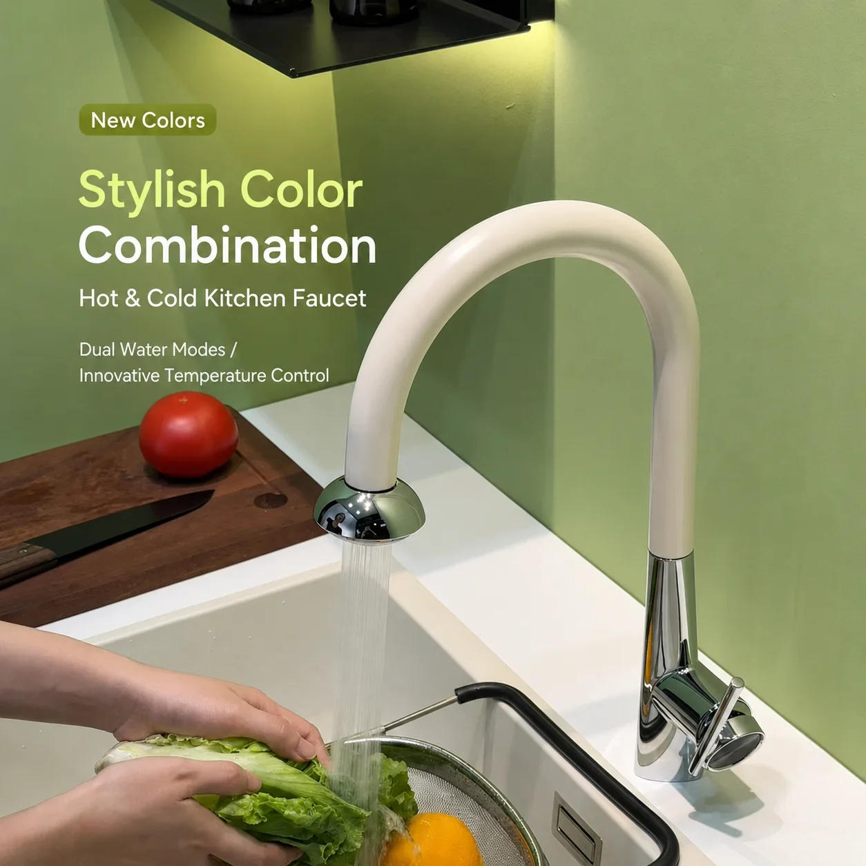 Pull Out Kitchen Faucet 2 Modes UFO Design 360° Swivel Hot Cold Sink Mixer Tap Cream White Extendable Sprayer