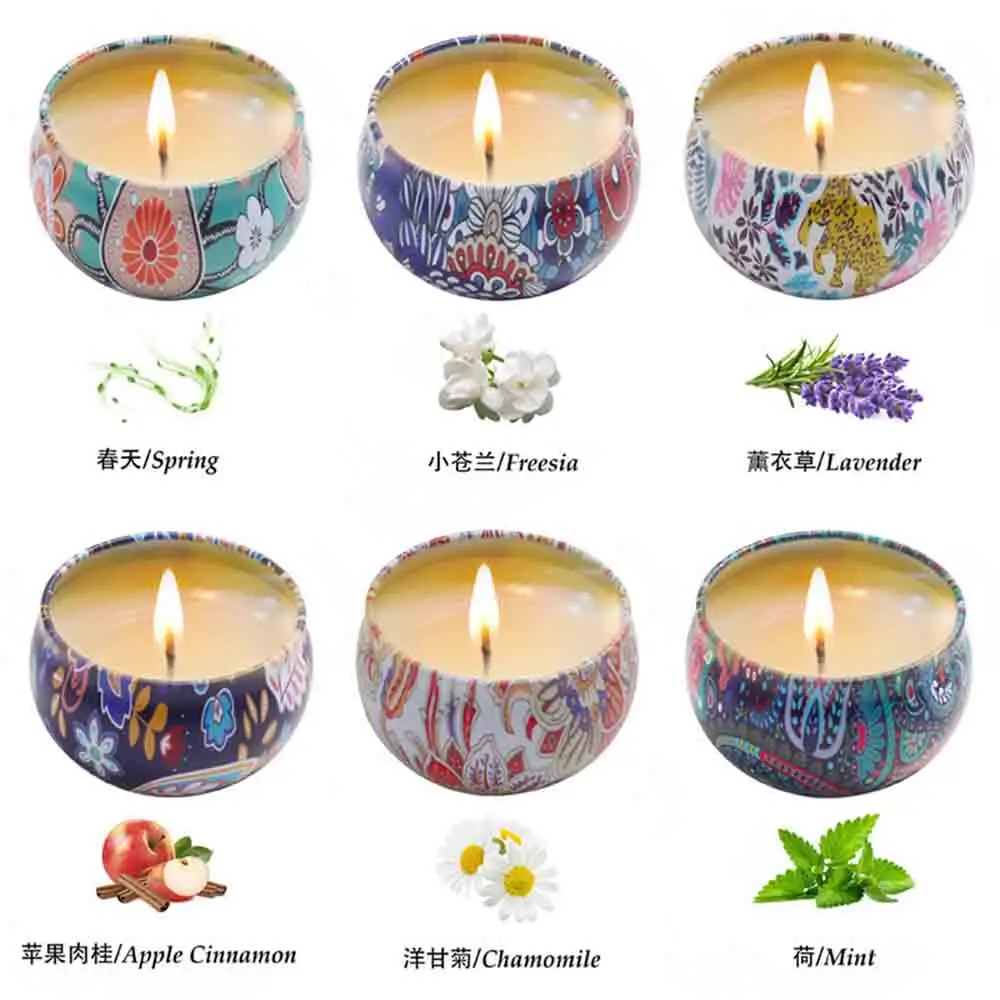 1 Box of 6 Tin Can Candle Set Soy Wax Essential Oil Dried Floral Scented Candle Gift Set Wedding Birthday Gift Home Decoration